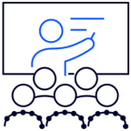 Blue outlines of someone delivering a presentation to navy blue outlines of a crowd