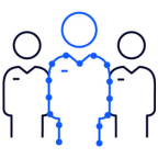 Blue and navy outlines of 3 people