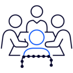 Blue and navy outlines of 4 people sitting at a desk