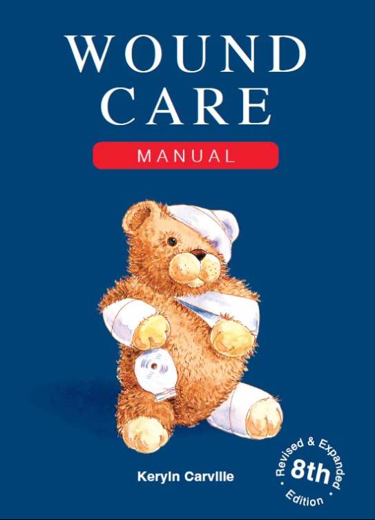 Blue wound care manual book cover with a bandaged bear